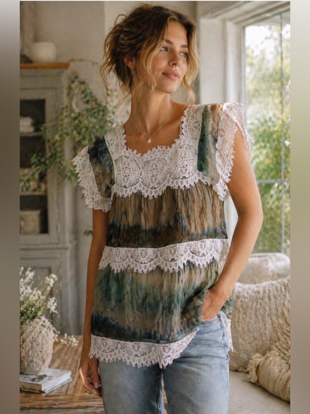 Binetti 100% Silk Lace‎ Trim Boho Tunic Top Anthropologie Style Sheer Blouse